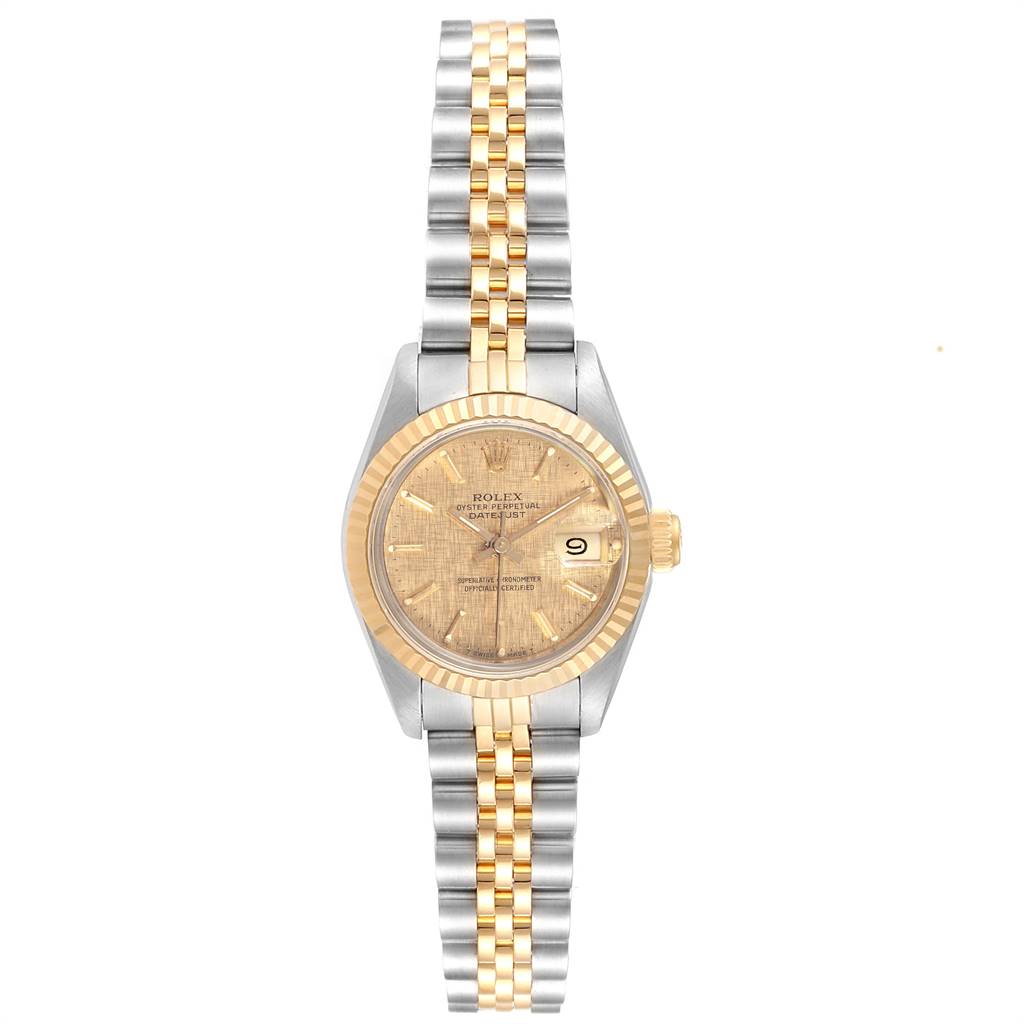 The image shows a Rolex Datejust 69173 Women's Stainless Steel Champagne Dial 69173 Women's Stainless Steel Champagne Dial watch from a front angle, displaying its face, bezel, crown, and two-tone bracelet.