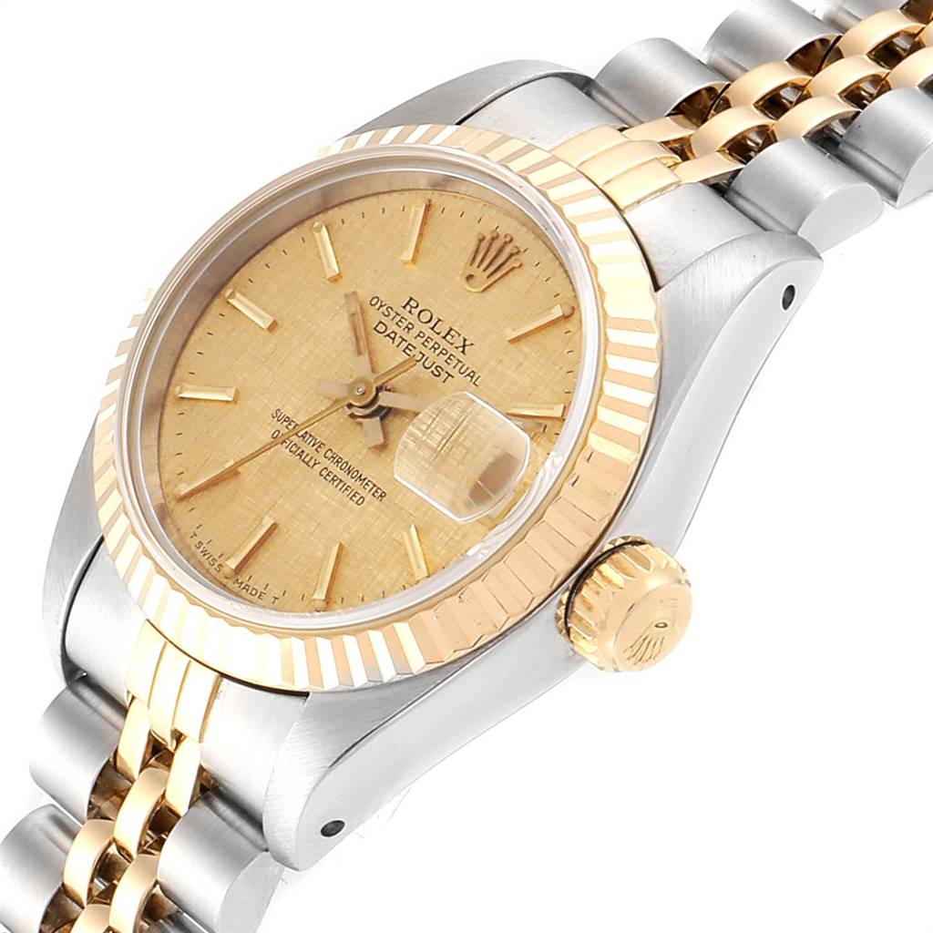 The image shows a Rolex Datejust 69173 Women's Stainless Steel Champagne Dial 69173 Women's Stainless Steel Champagne Dial watch at a diagonal angle, highlighting the dial, bezel, crown, and part of the bracelet.
