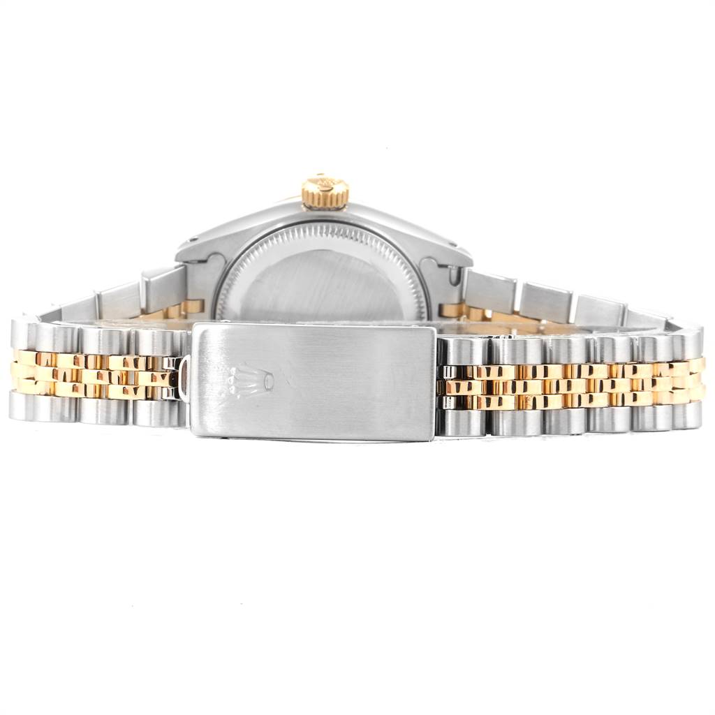 This image shows the back view of a Rolex Datejust 69173 Women's Stainless Steel Champagne Dial 69173 Women's Stainless Steel Champagne Dial watch, highlighting its two-tone bracelet and the clasp with the Rolex logo.