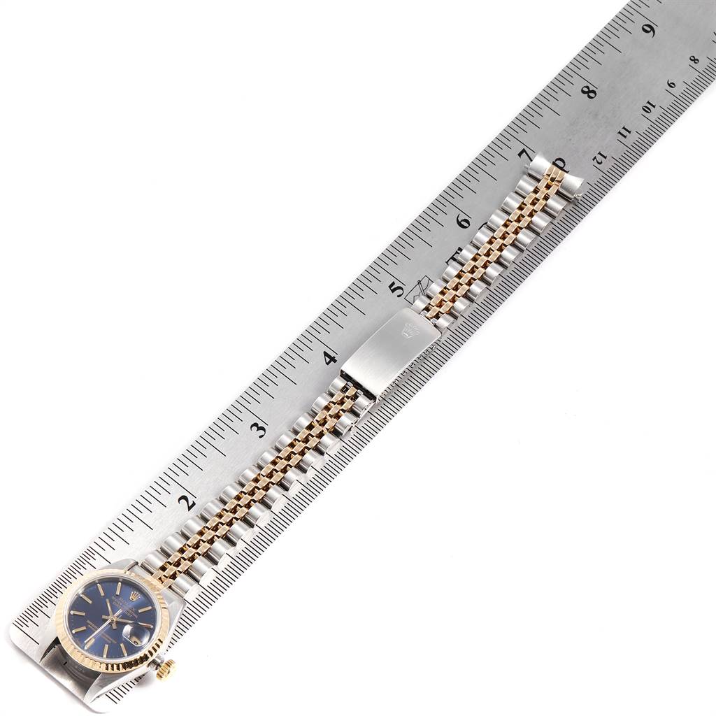 The Rolex Datejust 69173 Women's Stainless Steel Blue Dial 69173 Women's Stainless Steel Blue Dial watch is shown from an overhead angle, highlighting its band and part of the face.