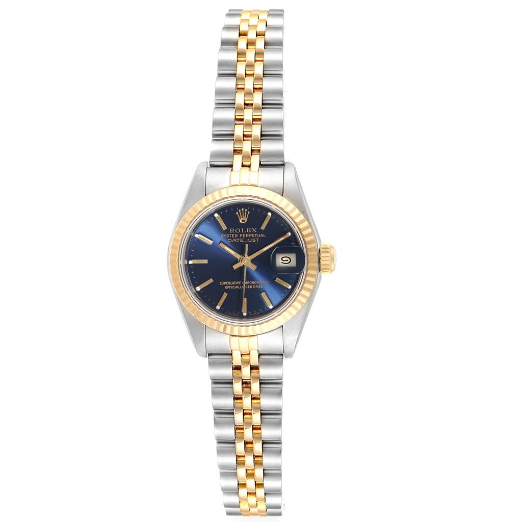 The Rolex Datejust 69173 Women's Stainless Steel Blue Dial 69173 Women's Stainless Steel Blue Dial watch is shown from a top-down angle, highlighting the face, bezel, and two-tone metal bracelet.