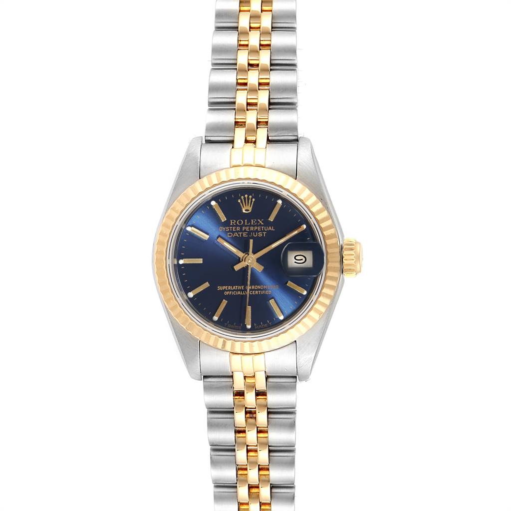 The image shows a Rolex Datejust 69173 Women's Stainless Steel Blue Dial 69173 Women's Stainless Steel Blue Dial watch from a front view, highlighting the dial, bezel, and bi-metal bracelet.