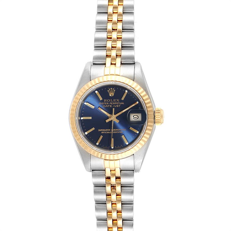 The image shows a Rolex Datejust watch from a front view, highlighting the dial, bezel, and bi-metal bracelet.