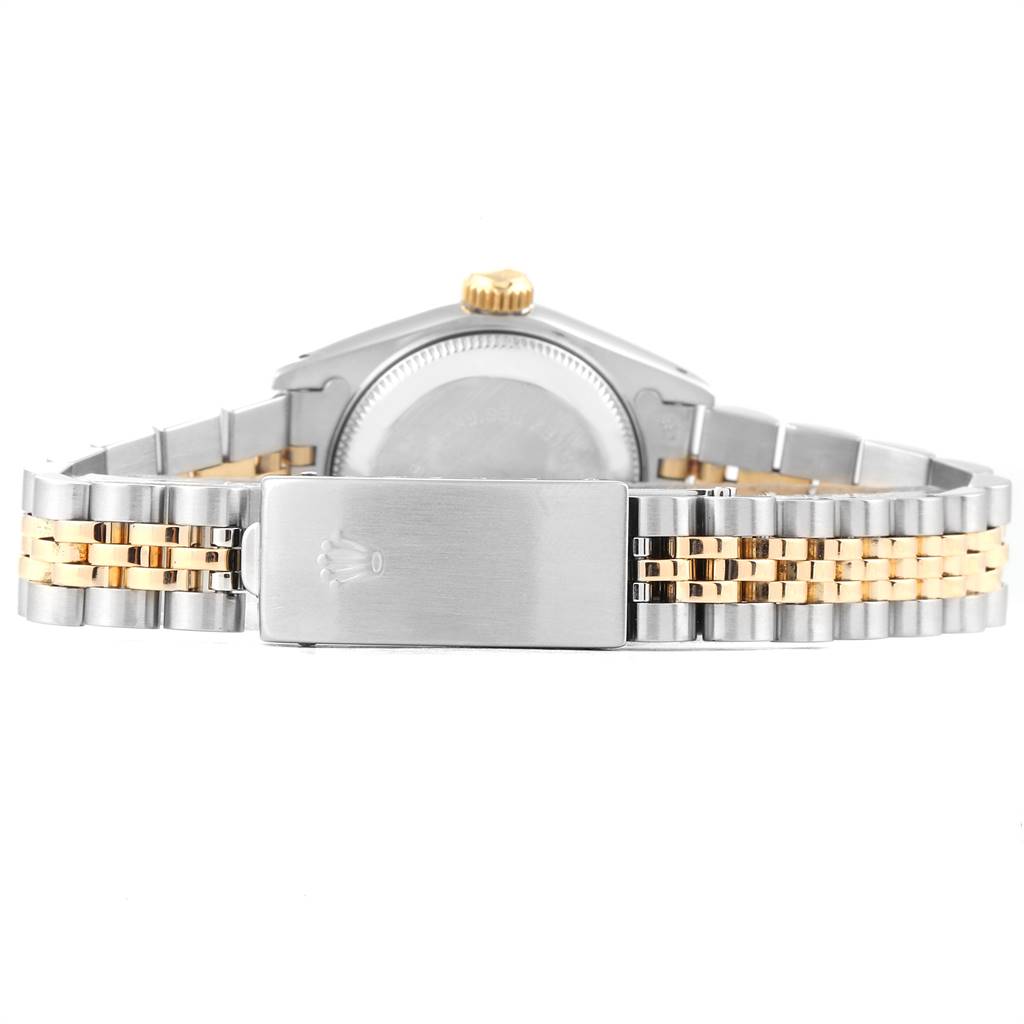 The image shows the back of a Rolex Datejust 69173 Women's Stainless Steel Blue Dial 69173 Women's Stainless Steel Blue Dial watch, highlighting its clasp and two-tone bracelet.
