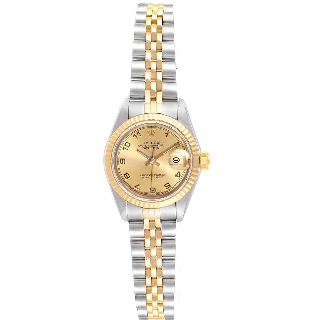 This image shows a front view of a Rolex Datejust 69173 Women's Stainless Steel Champagne Dial 69173 Women's Stainless Steel Champagne Dial watch, highlighting its dial, bezel, and two-tone Jubilee bracelet.