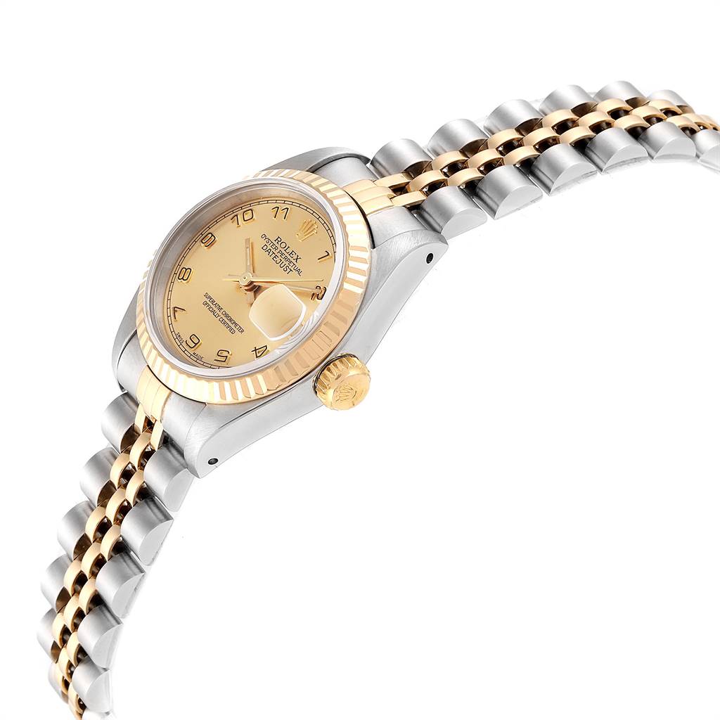 The image shows a Rolex Datejust 69173 Women's Stainless Steel Champagne Dial 69173 Women's Stainless Steel Champagne Dial watch from a side angle, highlighting the face, crown, and part of the bracelet.