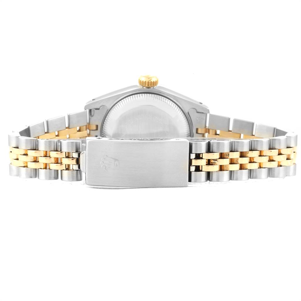 This image shows the back of a Rolex Datejust 69173 Women's Stainless Steel Champagne Dial 69173 Women's Stainless Steel Champagne Dial watch, focusing on the clasp and two-tone bracelet.
