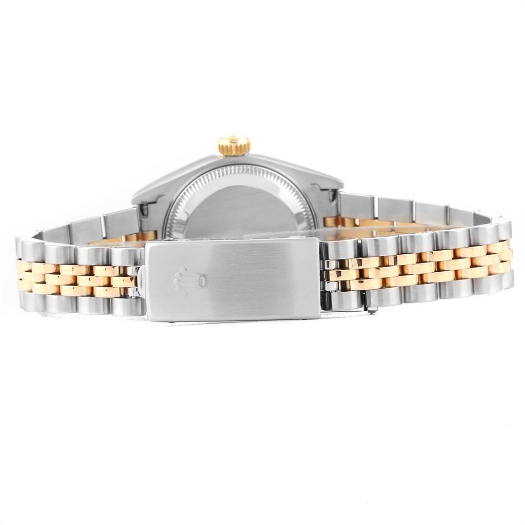 The image shows the back view of a Rolex Datejust 79173 Women
s Steel and Gold (two tone) Blue Dial 79173 Women
s Steel and Gold (two tone) Blue Dial watch, featuring its two-tone bracelet and clasp.