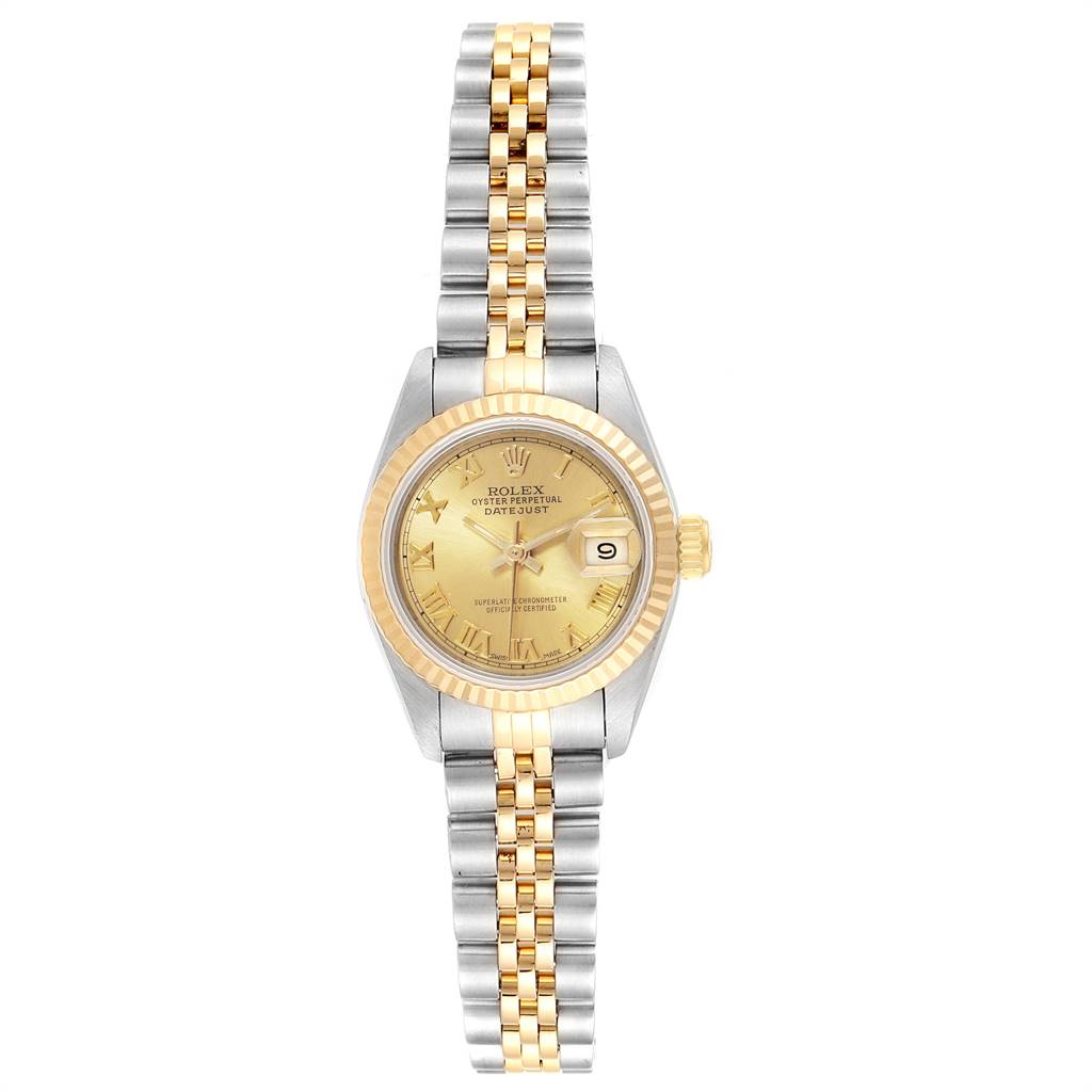 The image shows the Rolex Datejust 69173 Women's Stainless Steel Champagne Dial 69173 Women's Stainless Steel Champagne Dial watch face-on, revealing the dial, fluted bezel, crown, and Jubilee bracelet.
