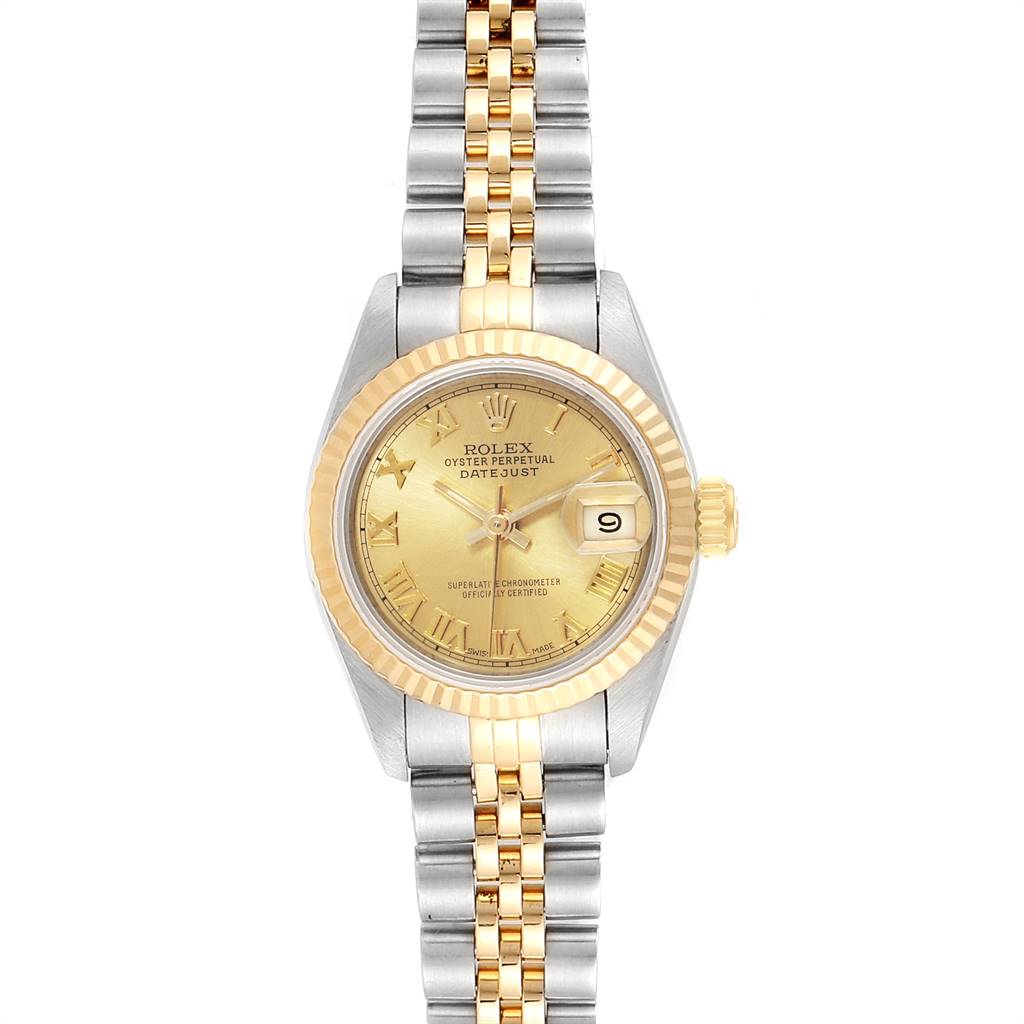 The image shows a Rolex Datejust 69173 Women's Stainless Steel Champagne Dial 69173 Women's Stainless Steel Champagne Dial watch, featuring a gold and silver jubilee bracelet, fluted bezel, and champagne dial with a date display.