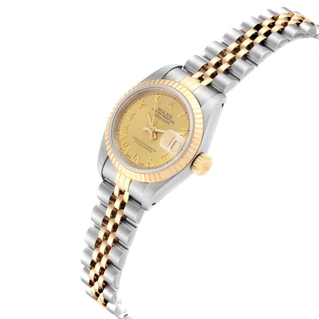 This image shows a Rolex Datejust 69173 Women's Stainless Steel Champagne Dial 69173 Women's Stainless Steel Champagne Dial watch at an angled view, highlighting the dial, bezel, crown, and two-tone bracelet.