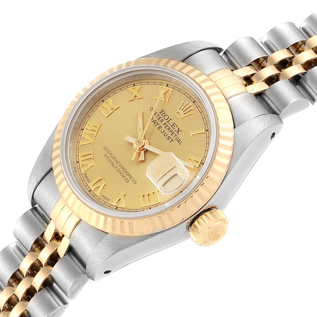 This image shows a close-up side view of the Rolex Datejust 69173 Women's Stainless Steel Champagne Dial 69173 Women's Stainless Steel Champagne Dial, highlighting the dial, bezel, crown, and part of the bracelet.