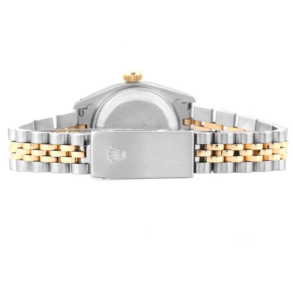 This image shows the back view of the Rolex Datejust 69173 Women's Stainless Steel Champagne Dial 69173 Women's Stainless Steel Champagne Dial watch, focusing on the jubilee bracelet and clasp.
