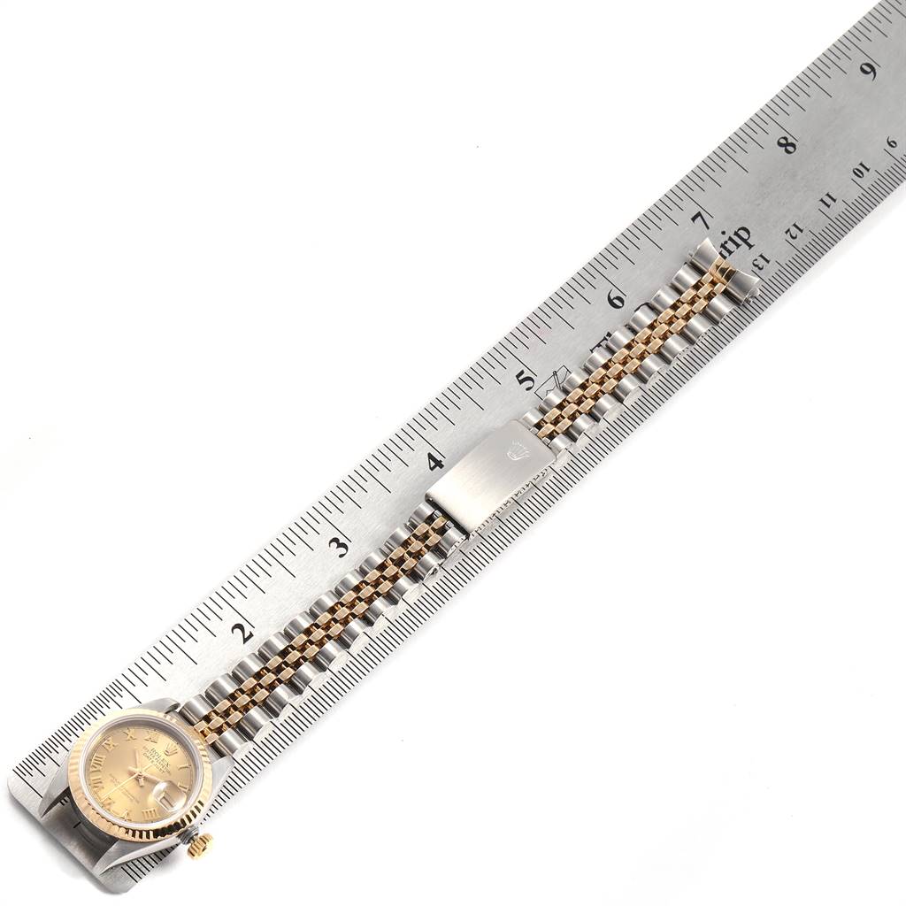 The image shows a Rolex Datejust 69173 Women's Stainless Steel Champagne Dial 69173 Women's Stainless Steel Champagne Dial watch with a Jubilee bracelet, measured against a ruler for scale.