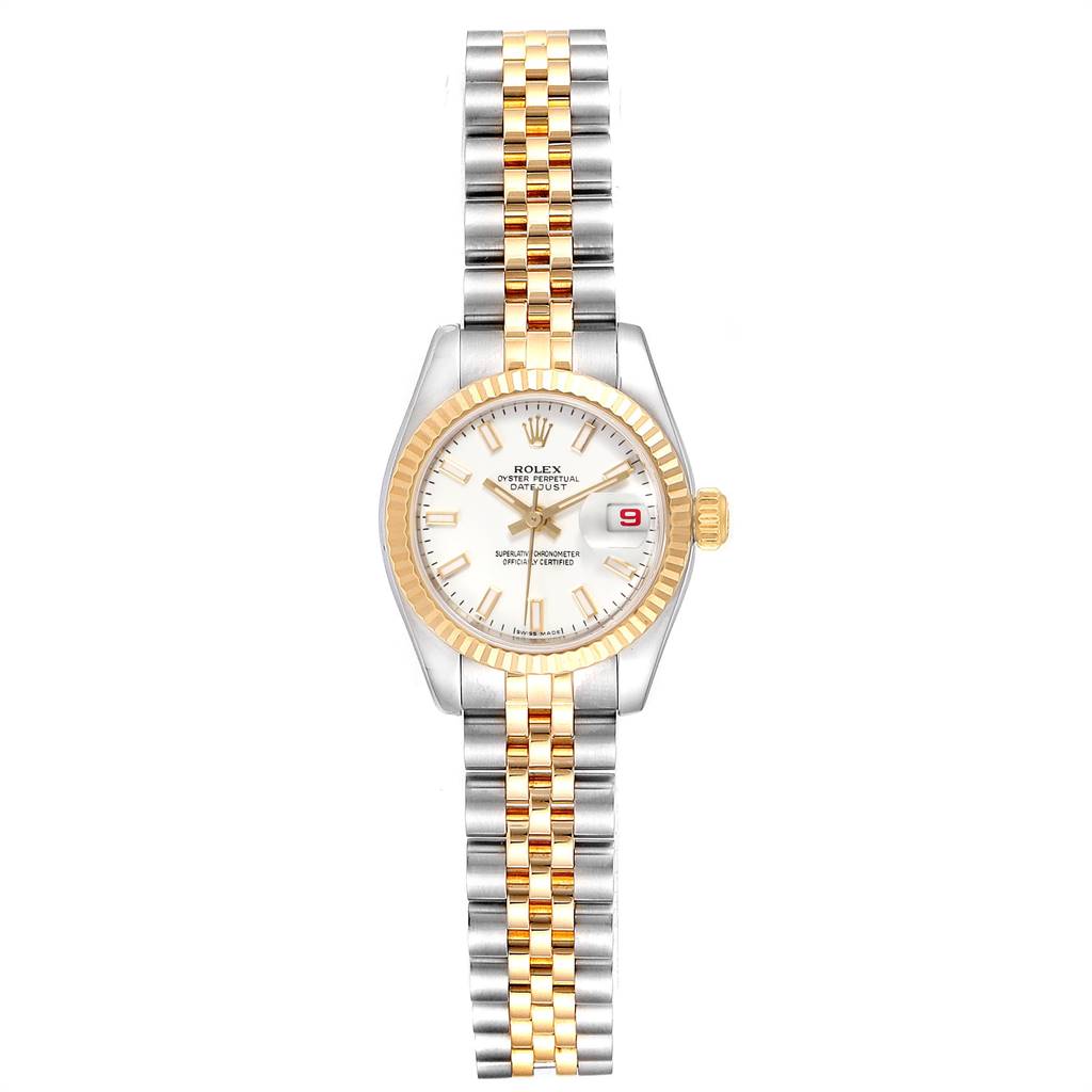 This is a front view of a Rolex Datejust 179173 Women's Steel and Gold (two tone) White Dial 179173 Women's Steel and Gold (two tone) White Dial watch, showcasing its gold and silver jubilee bracelet, white dial, and fluted bezel.