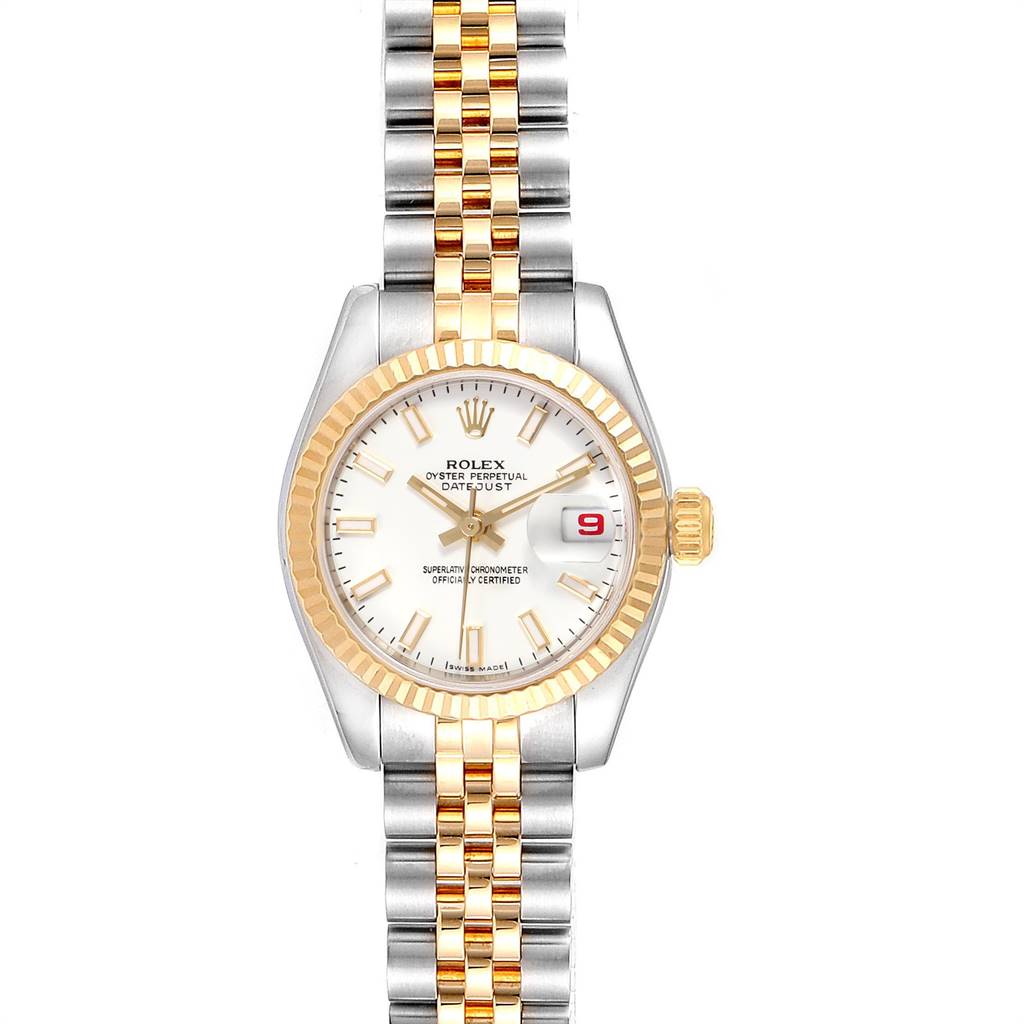 The image shows a frontal view of a Rolex Datejust 179173 Women's Steel and Gold (two tone) White Dial 179173 Women's Steel and Gold (two tone) White Dial watch, featuring a two-tone bracelet and fluted bezel.