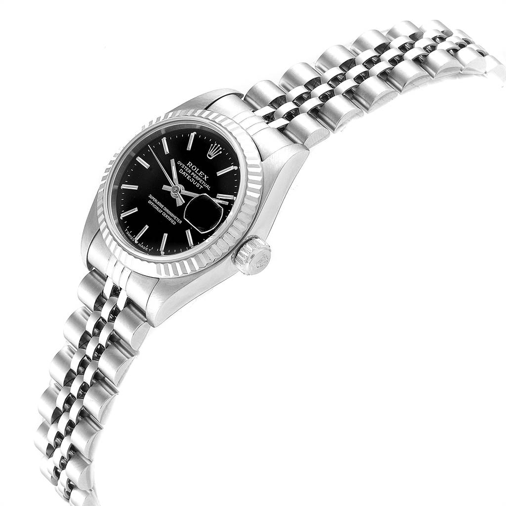 The image shows a Rolex Datejust 69174 Women's Stainless Steel Black Dial 69174 Women's Stainless Steel Black Dial watch from a side angle focusing on the dial, bezel, crown, and part of the bracelet.