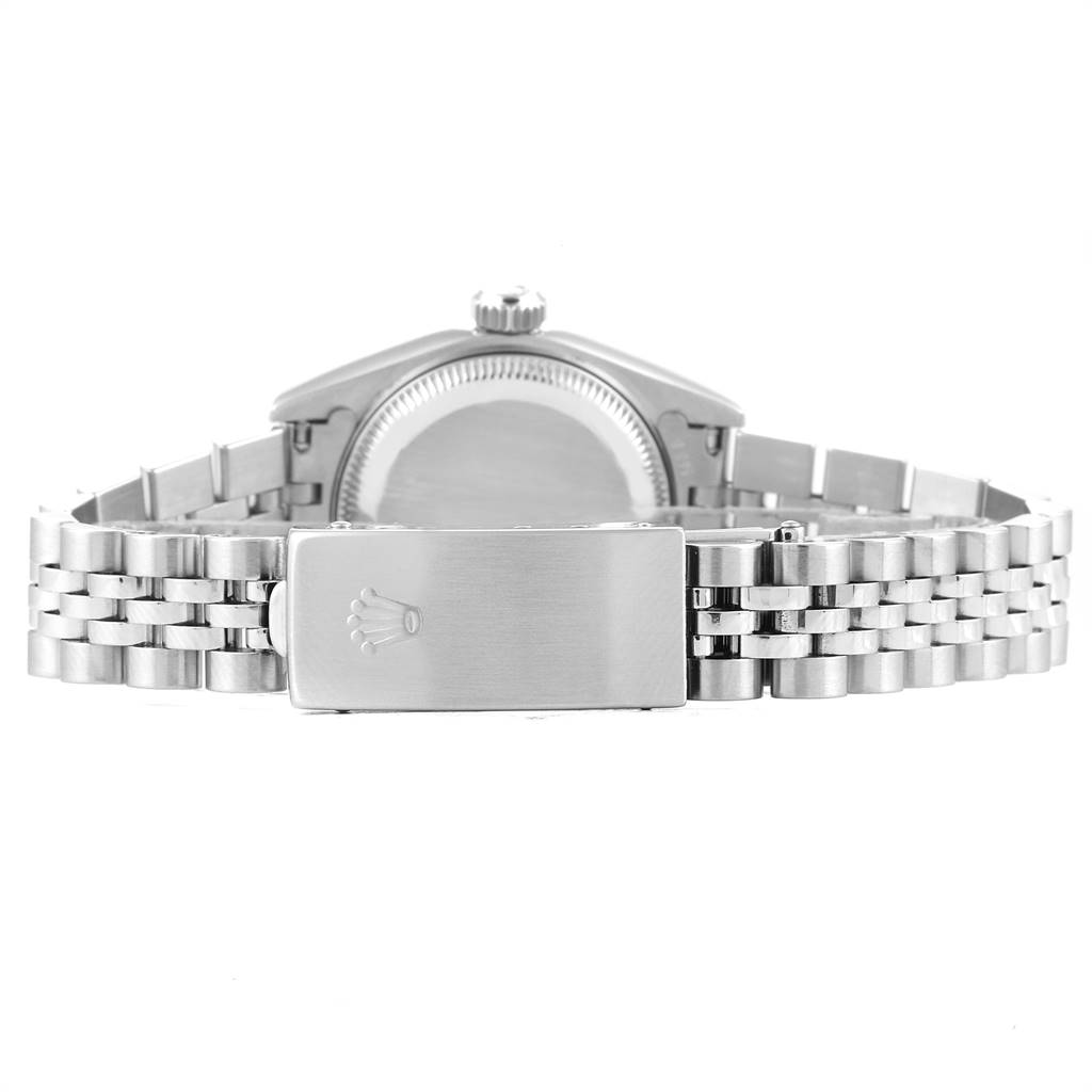 This image shows the back view of a Rolex Datejust 69174 Women's Stainless Steel Black Dial 69174 Women's Stainless Steel Black Dial watch, focusing on the clasp and bracelet.