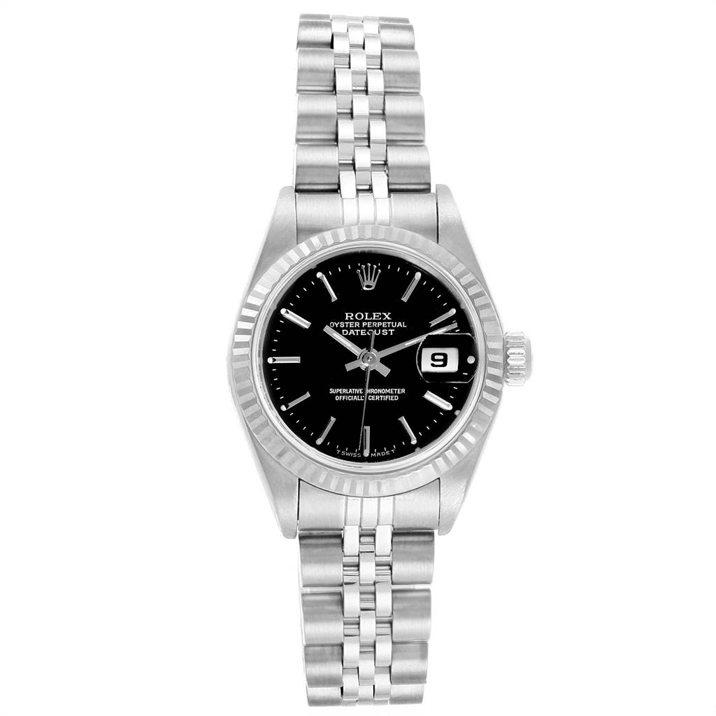 The Rolex Datejust 69174 Women's Stainless Steel Black Dial 69174 Women's Stainless Steel Black Dial watch is shown from a top view, displaying its black dial, date window, fluted bezel, and stainless steel bracelet.