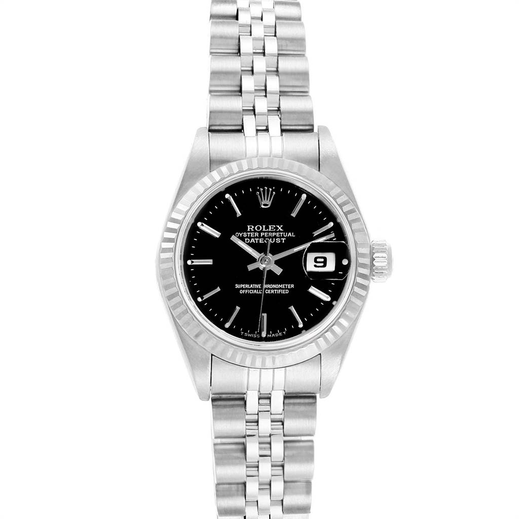 The image shows a front view of a Rolex Datejust 69174 Women's Stainless Steel Black Dial 69174 Women's Stainless Steel Black Dial watch, featuring its bracelet, black dial, and a date window.