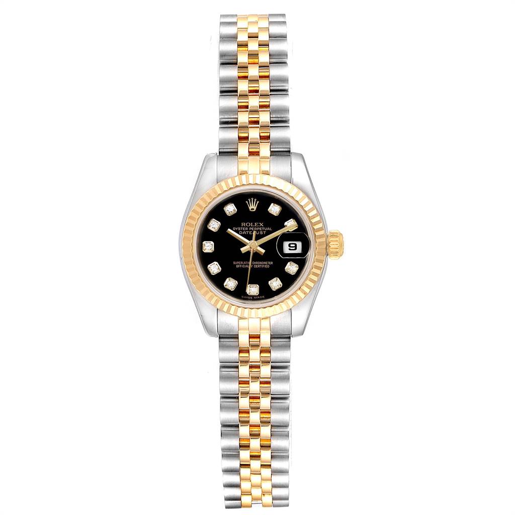 The Rolex Datejust 179173 Women
s Steel and Gold (two tone) Black Dial 179173 Women
s Steel and Gold (two tone) Black Dial watch is shown from a top-down angle, displaying the face, dial, bezel, and two-tone bracelet.