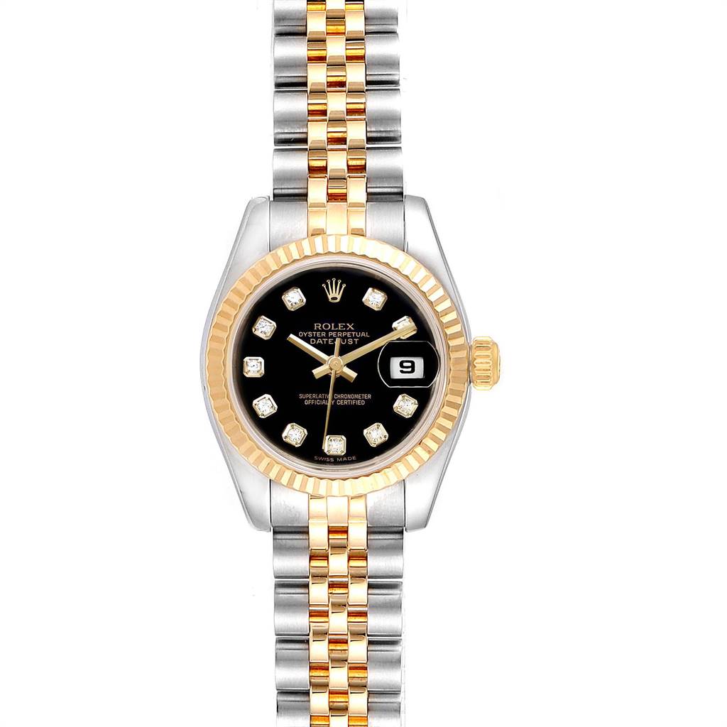 This image shows a front view of a Rolex Datejust 179173 Women
s Steel and Gold (two tone) Black Dial 179173 Women
s Steel and Gold (two tone) Black Dial watch, featuring a two-tone bracelet and diamond hour markers.