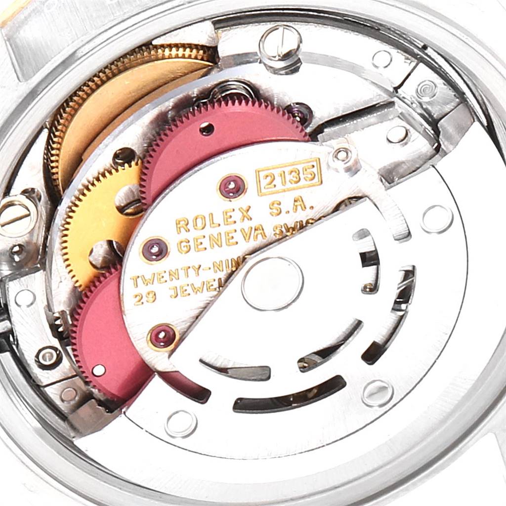 This is a close-up view showing the inner mechanical movement of a Rolex Datejust 69173 Women's Stainless Steel Champagne Dial 69173 Women's Stainless Steel Champagne Dial watch.