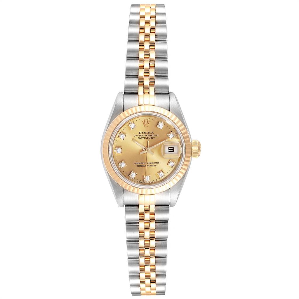 The image shows a front view of a Rolex Datejust 69173 Women's Stainless Steel Champagne Dial 69173 Women's Stainless Steel Champagne Dial watch with a gold dial, diamond hour markers, and a two-tone metal bracelet.