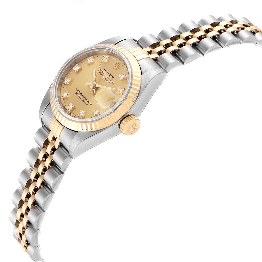 The Rolex Datejust 69173 Women's Stainless Steel Champagne Dial 69173 Women's Stainless Steel Champagne Dial watch is shown at a side view angle, highlighting the face, bezel, crown, and two-tone bracelet.