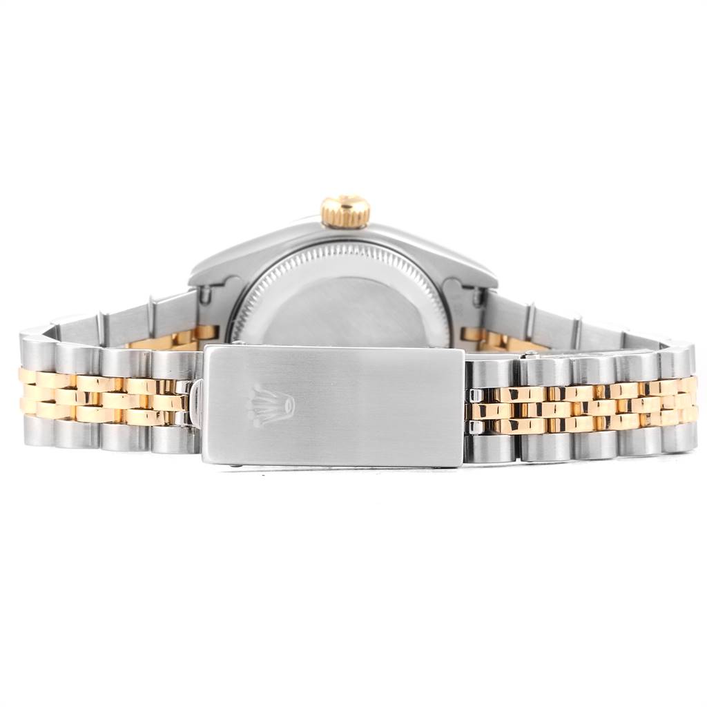 The image shows the back view of a Rolex Datejust 69173 Women's Stainless Steel Champagne Dial 69173 Women's Stainless Steel Champagne Dial watch, focusing on the clasp, bracelet, and caseback.