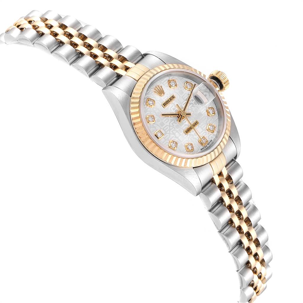 The image shows a close-up angled view of a Rolex Datejust 79173 Women's Stainless Steel Silver Dial 79173 Women's Stainless Steel Silver Dial watch with a gold and silver bracelet.