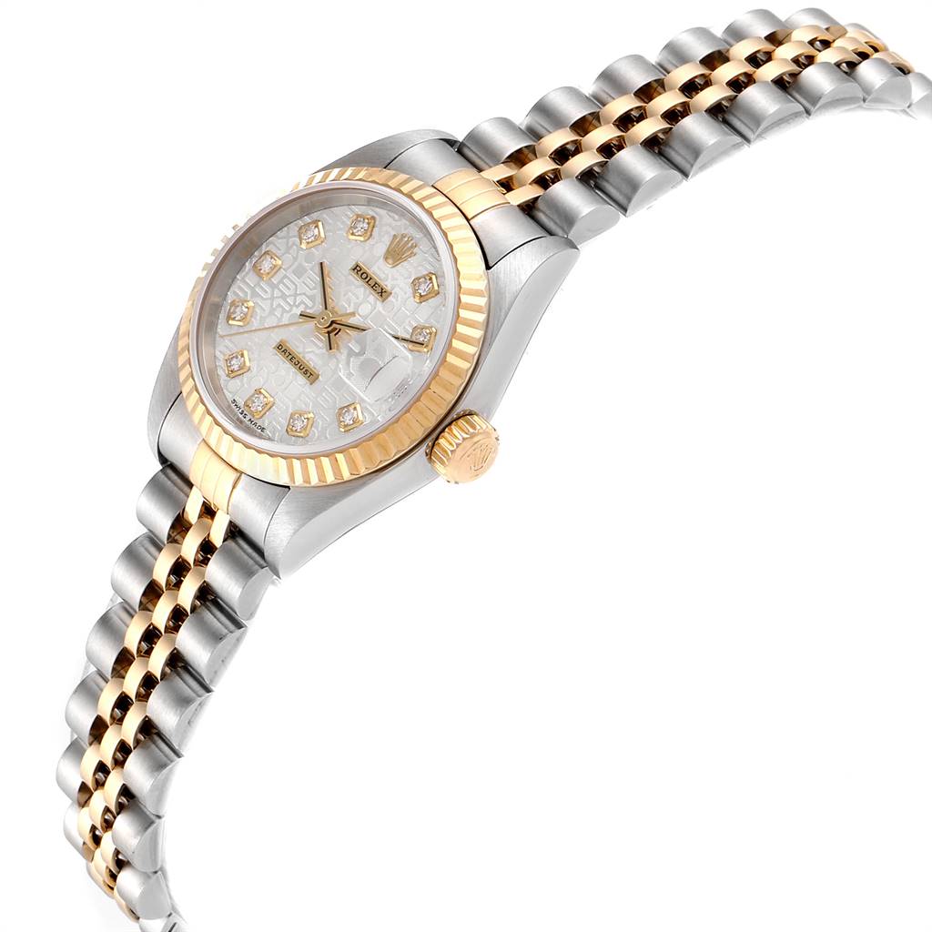 The image shows a Rolex Datejust 79173 Women's Stainless Steel Silver Dial 79173 Women's Stainless Steel Silver Dial watch at a tilted angle with focus on the dial, bezel, and part of the two-tone bracelet.