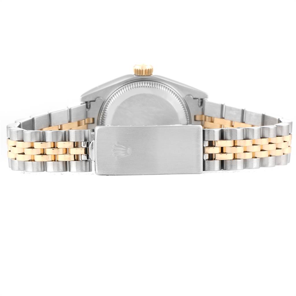 This image shows the back view of a Rolex Datejust 79173 Women's Stainless Steel Silver Dial 79173 Women's Stainless Steel Silver Dial watch, focusing on the case back and the two-tone bracelet with the clasp.