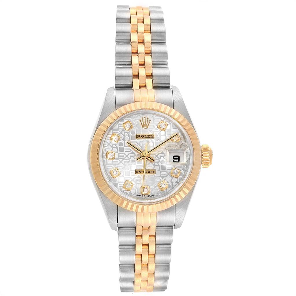 This Rolex Datejust 79173 Women's Stainless Steel Silver Dial 79173 Women's Stainless Steel Silver Dial watch is shown from a top-down angle, displaying the face, bezel, and two-tone bracelet.