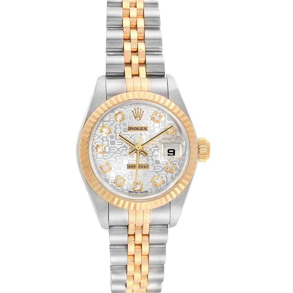 The Rolex Datejust 79173 Women's Stainless Steel Silver Dial 79173 Women's Stainless Steel Silver Dial watch is shown from a top-down angle, highlighting its dial, bezel, and bracelet.