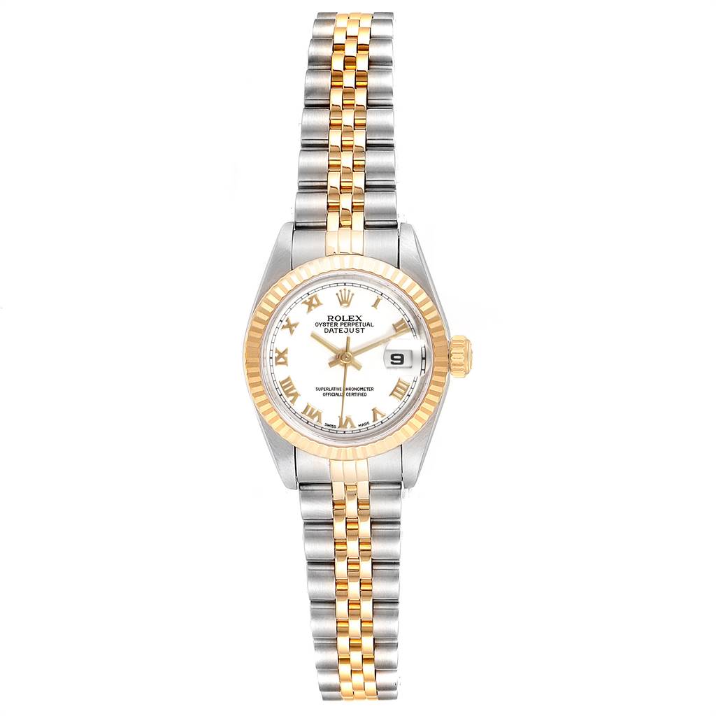 This image shows a Rolex Datejust 69173 Women's Stainless Steel White Dial 69173 Women's Stainless Steel White Dial watch from a front angle, highlighting its dial, bezel, and two-tone metal bracelet.