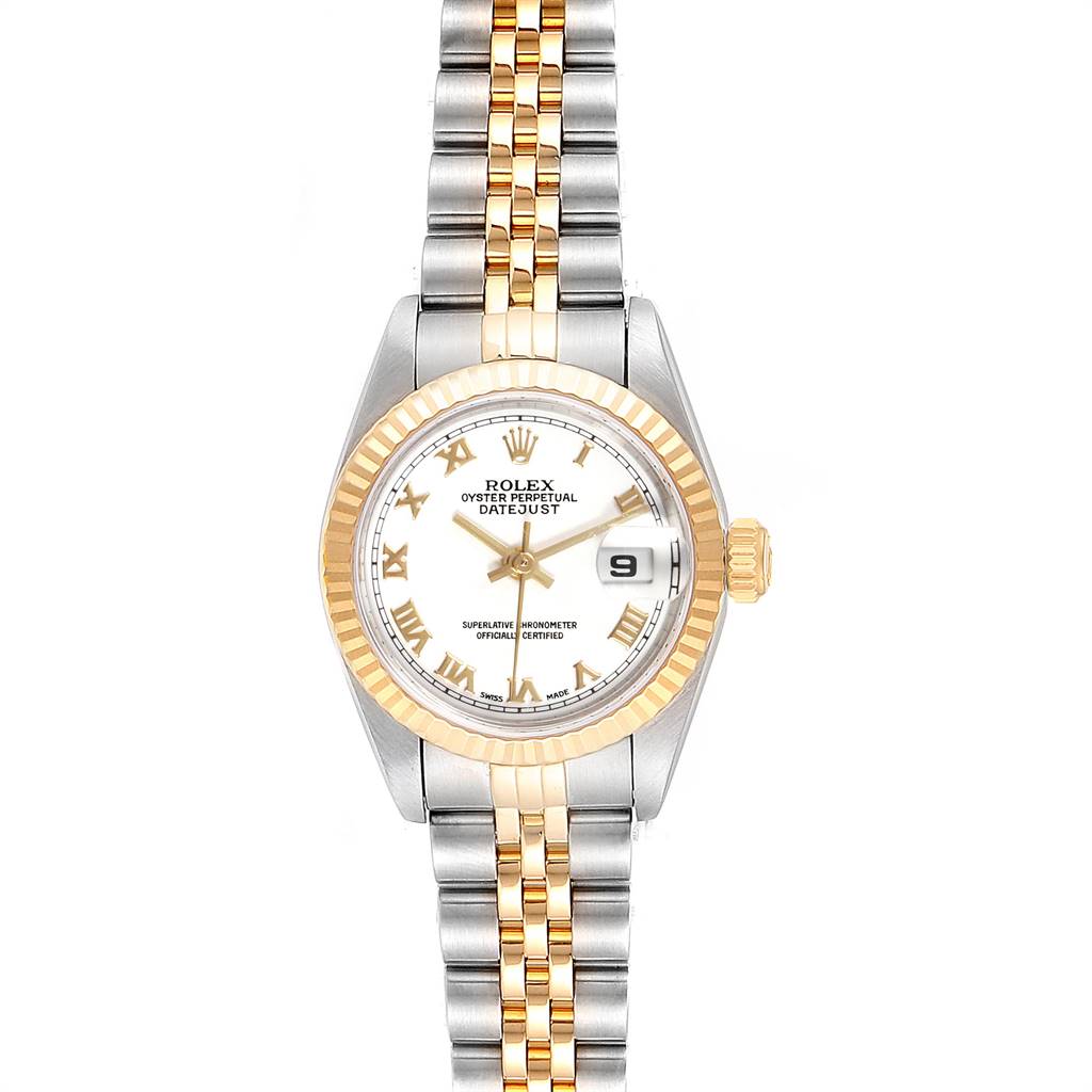 The image shows a frontal view of a Rolex Datejust 69173 Women's Stainless Steel White Dial 69173 Women's Stainless Steel White Dial watch featuring a two-tone bracelet and a gold fluted bezel.