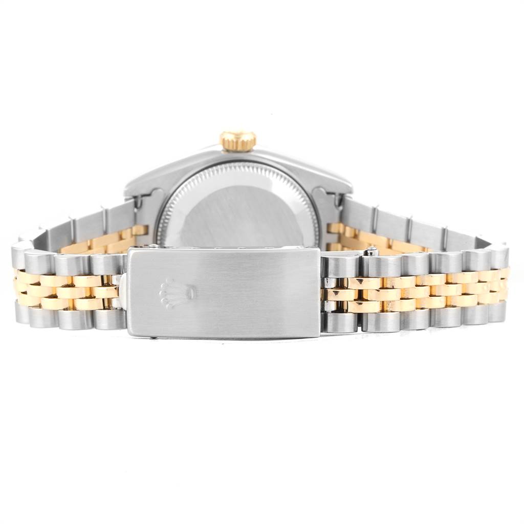 The image shows the back of a Rolex Datejust 69173 Women's Stainless Steel White Dial 69173 Women's Stainless Steel White Dial watch, focusing on the clasp and two-tone bracelet.