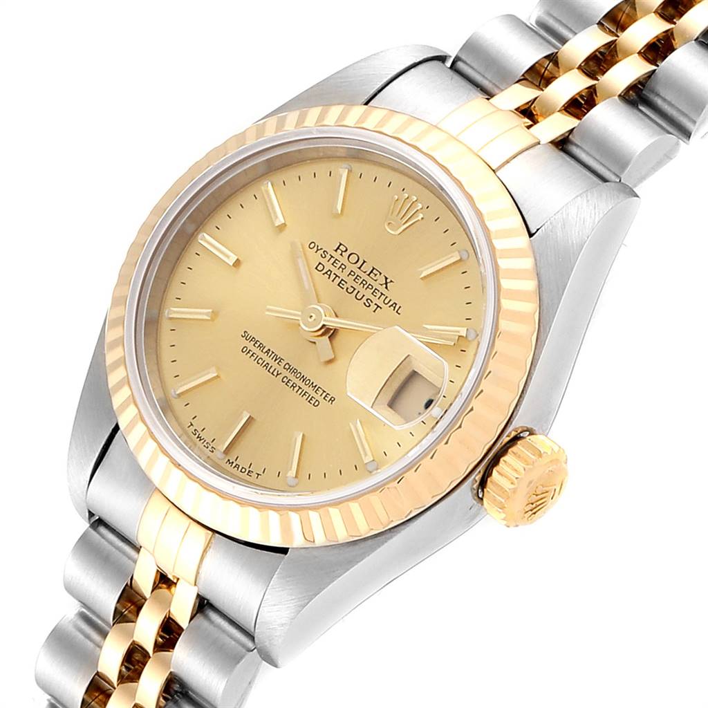 The Rolex Datejust 79173 Women
s Steel and Gold (two tone) Champagne Dial 79173 Women
s Steel and Gold (two tone) Champagne Dial watch is shown at a slight angle, highlighting the face, bezel, crown, and part of the bracelet.
