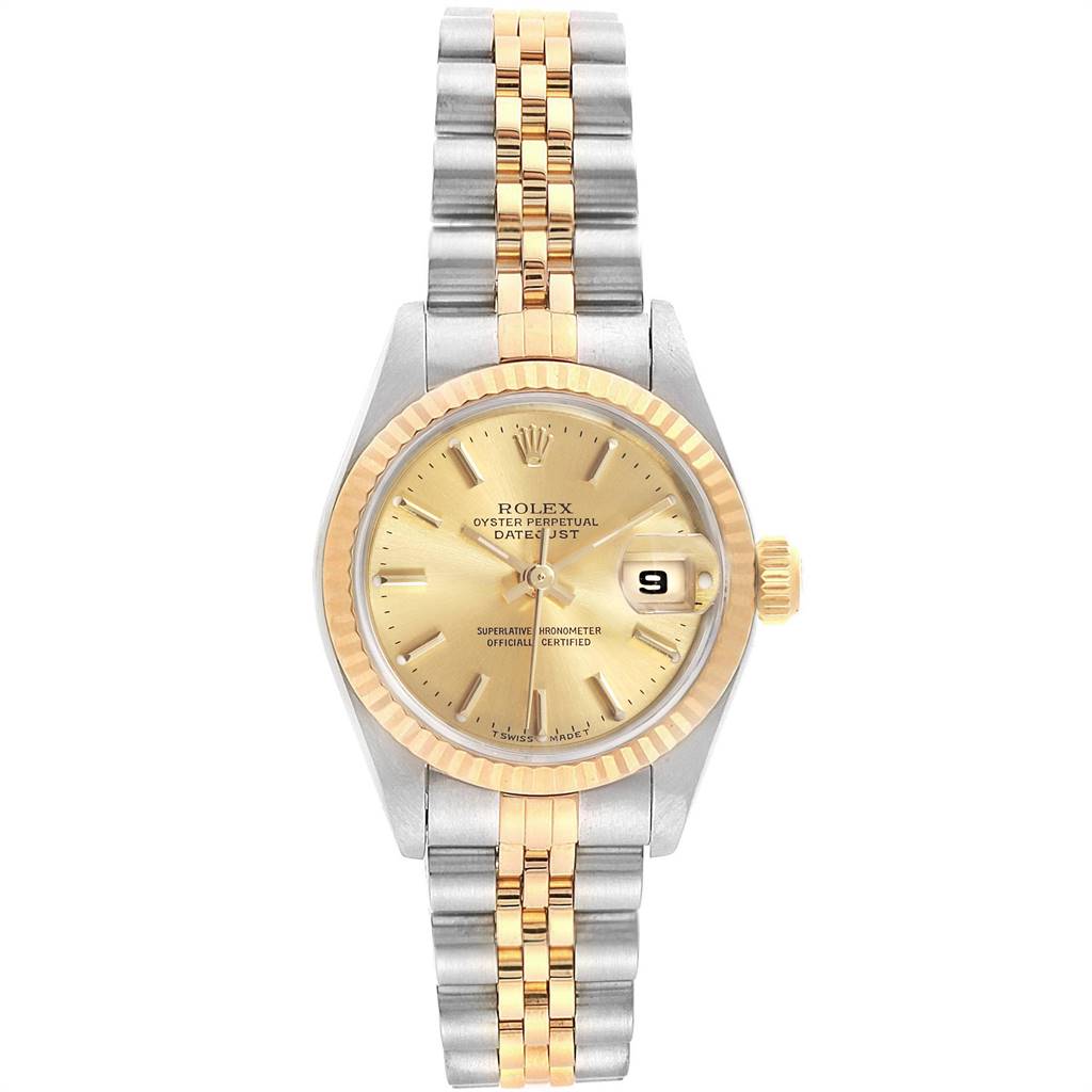 This image shows a Rolex Datejust 79173 Women
s Steel and Gold (two tone) Champagne Dial 79173 Women
s Steel and Gold (two tone) Champagne Dial watch from a front angle, highlighting its face, dial, crown, and two-tone bracelet.