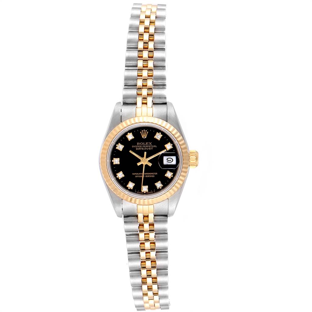 This image shows a Rolex Datejust 69173 Women
s Stainless Steel Black Dial 69173 Women
s Stainless Steel Black Dial watch from a front angle, highlighting its dial, bezel, crown, and bracelet.