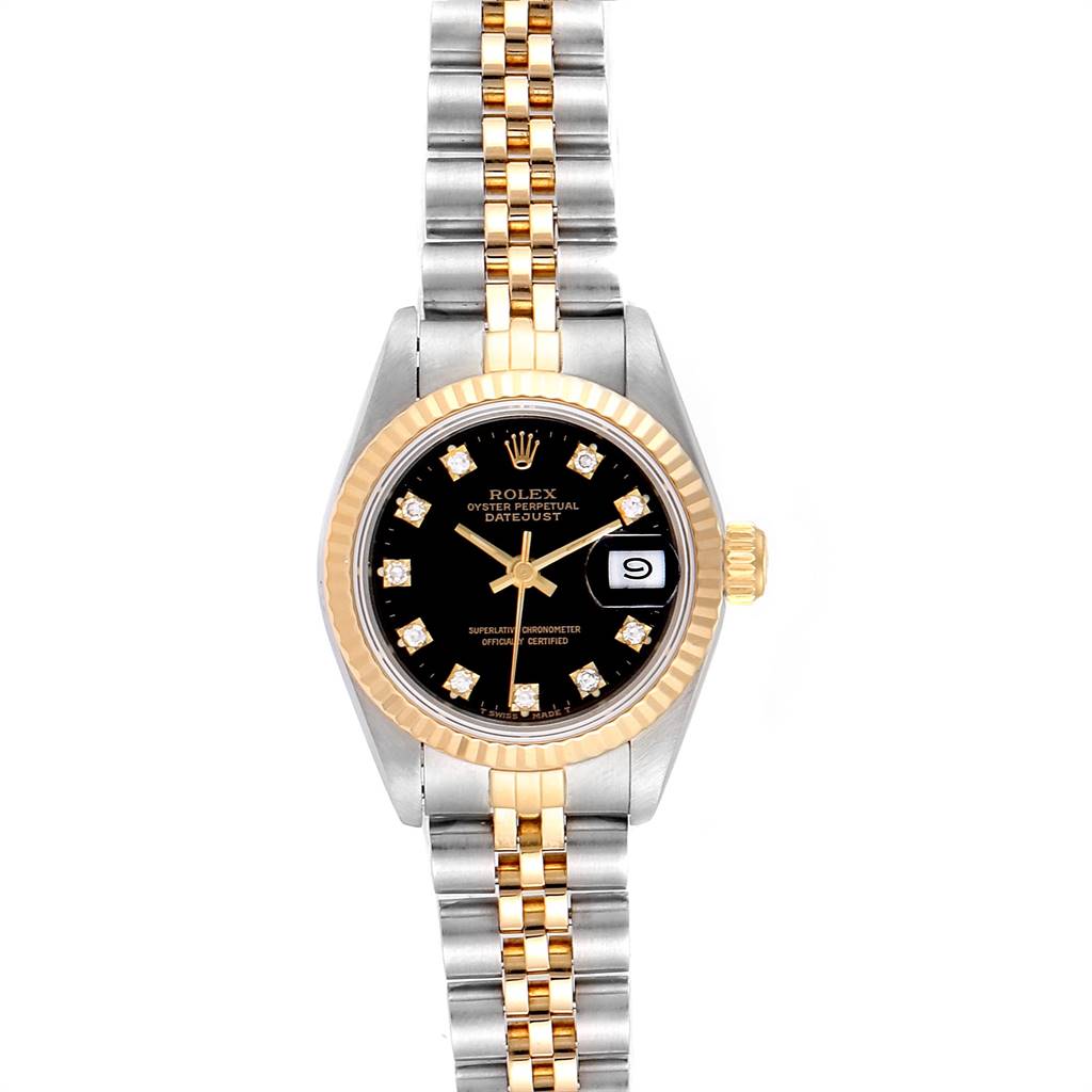 The image shows a front view of a Rolex Datejust 69173 Women
s Stainless Steel Black Dial 69173 Women
s Stainless Steel Black Dial watch, featuring a two-tone bracelet, black dial, and date display.