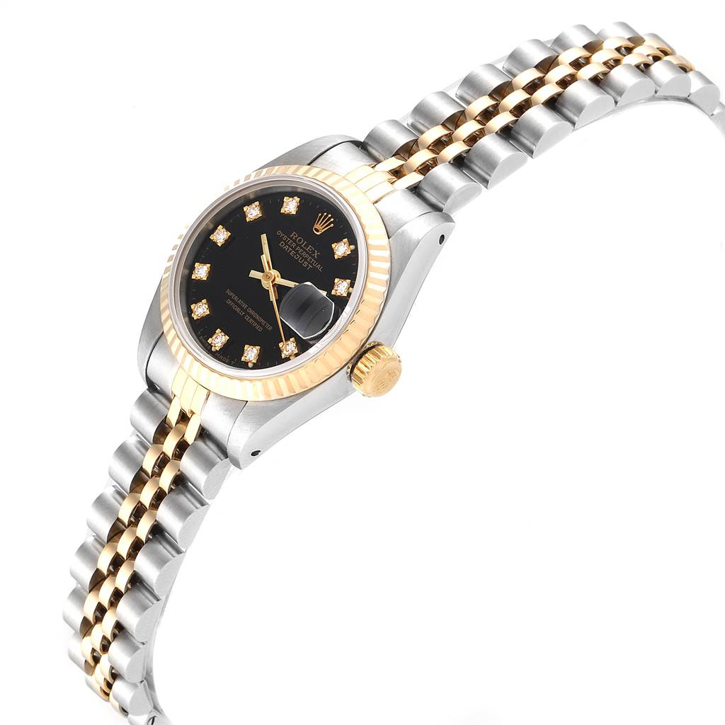 This image shows a side angle of a Rolex Datejust 69173 Women
s Stainless Steel Black Dial 69173 Women
s Stainless Steel Black Dial watch, highlighting its dial, bezel, crown, and two-tone bracelet.