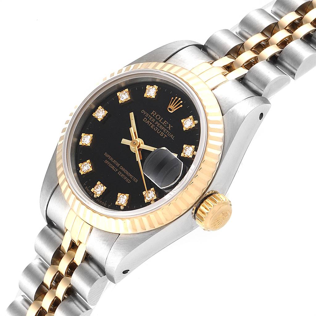 The image shows a Rolex Datejust 69173 Women
s Stainless Steel Black Dial 69173 Women
s Stainless Steel Black Dial watch from a top angle, highlighting its black dial, diamond hour markers, bezel, and bracelet.