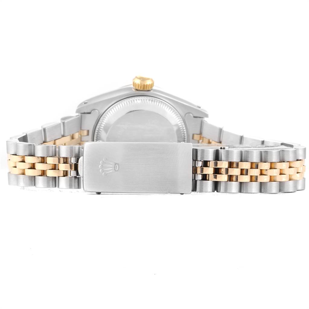 This image shows the back view of a Rolex Datejust 69173 Women
s Stainless Steel Black Dial 69173 Women
s Stainless Steel Black Dial watch, highlighting its bracelet and clasp.