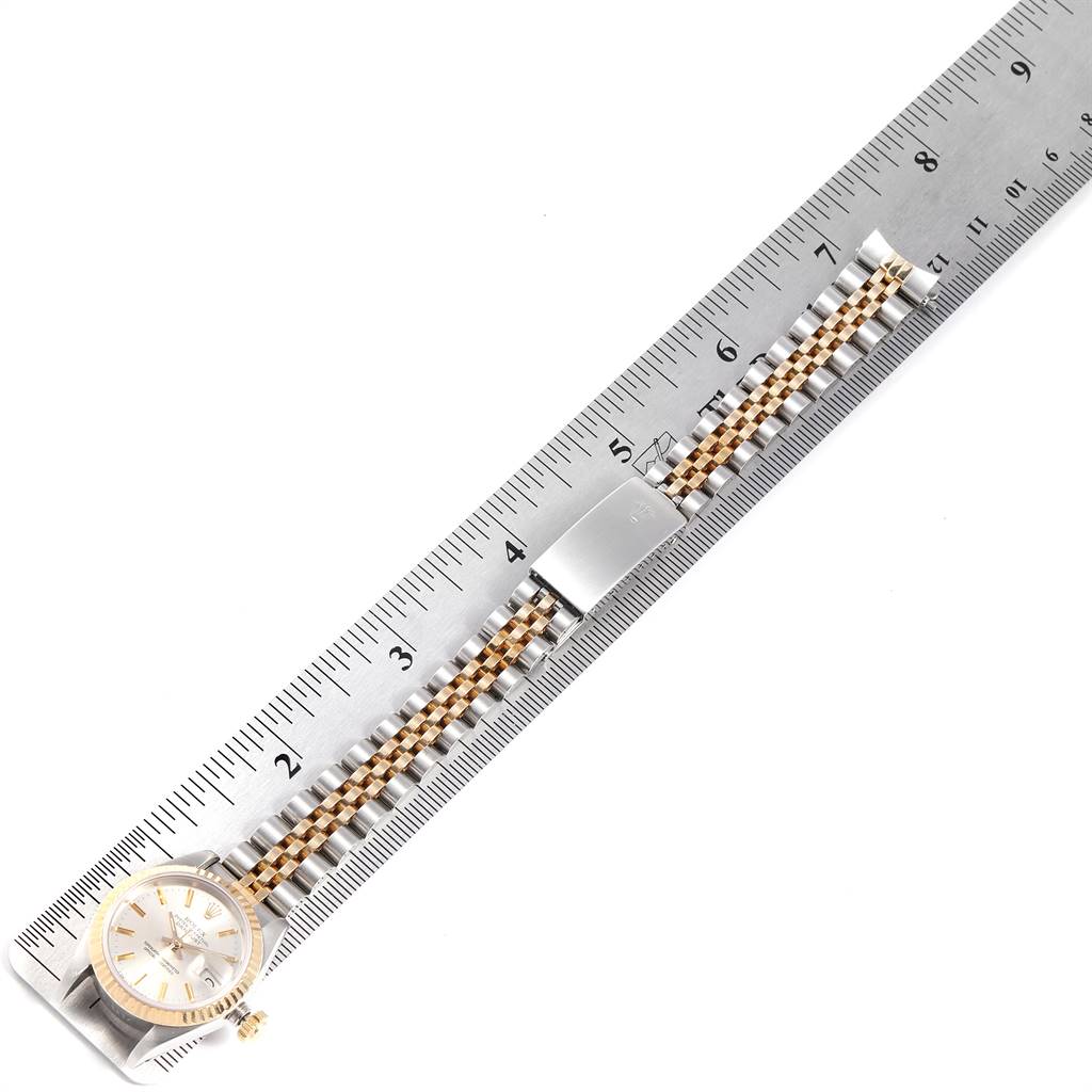 The Rolex Datejust 69173 Women's Stainless Steel Silver Dial 69173 Women's Stainless Steel Silver Dial watch is shown from a top-down angle with its face, crown, and bracelet fully visible.