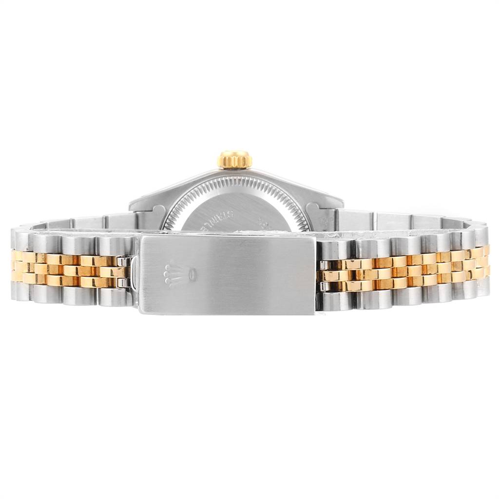 The image shows the back view of a Rolex Datejust 69173 Women's Stainless Steel Silver Dial 69173 Women's Stainless Steel Silver Dial watch, highlighting the two-tone bracelet and clasp.