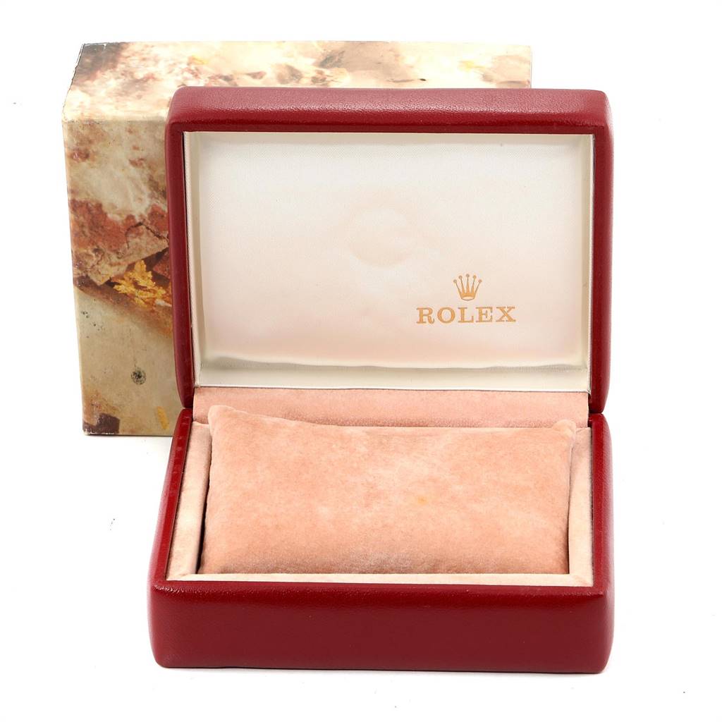 This image shows the open box for a Rolex Datejust 69173 Women's Stainless Steel Silver Dial 69173 Women's Stainless Steel Silver Dial model watch from a front angle.