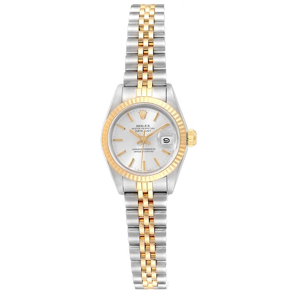 The image shows a frontal view of a Rolex Datejust 69173 Women's Stainless Steel Silver Dial 69173 Women's Stainless Steel Silver Dial watch featuring a gold and silver bracelet, gold fluted bezel, and silver dial.