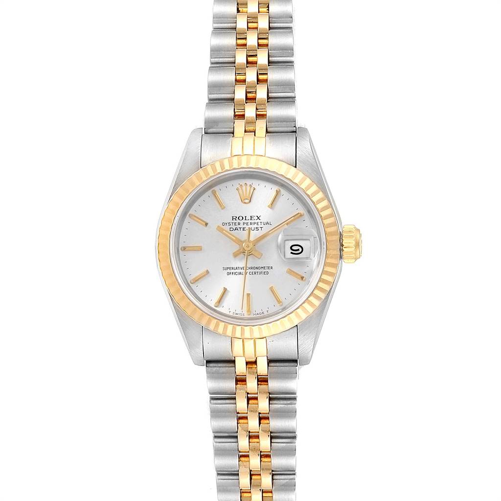 This image shows a Rolex Datejust 69173 Women's Stainless Steel Silver Dial 69173 Women's Stainless Steel Silver Dial watch from the front, highlighting its face, bezel, and bracelet.